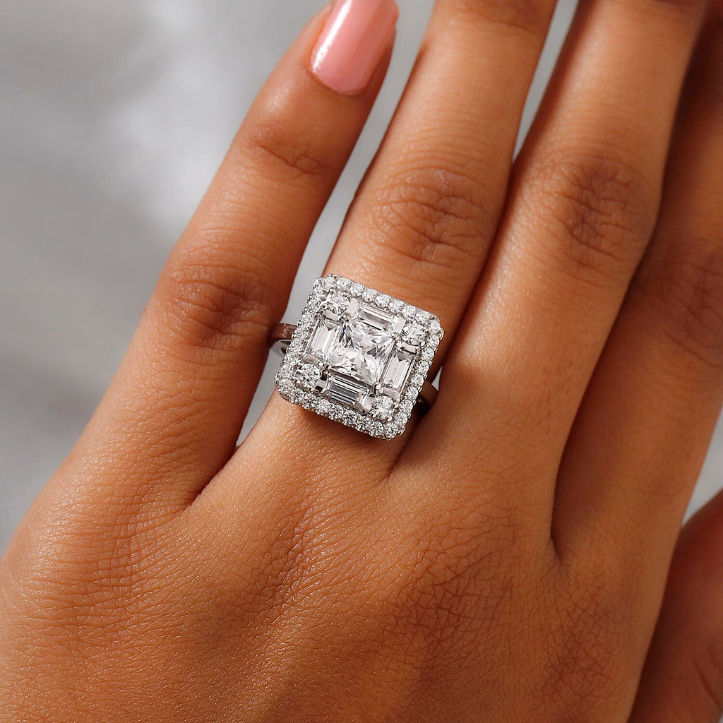 Lustro Stella Platinum Overlay Sterling Silver Cluster Ring Made with Finest CZ 5.13 Ct.