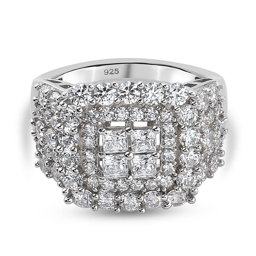 Lustro Stella Platinum Overlay Sterling Silver Cluster Ring Made with Finest CZ 3.79 Ct, Silver Wt 5.59 Gms