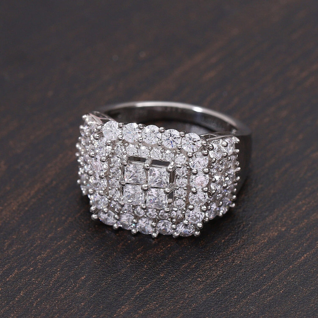 Lustro Stella Platinum Overlay Sterling Silver Cluster Ring Made with Finest CZ 3.79 Ct, Silver Wt 5.59 Gms