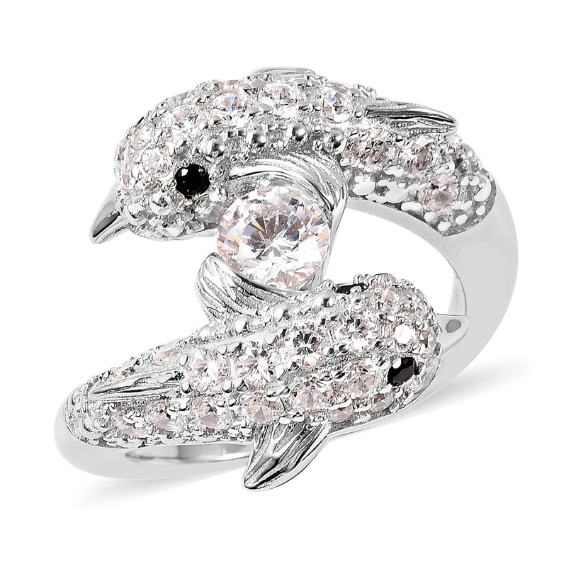 Lustro Stella - Boi Ploi Black Spinel Rhodium Overlay Sterling Silver Dolphin Ring Made with Finest CZ 3.07 Ct.
