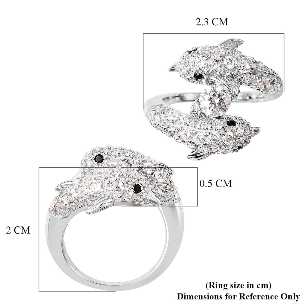 Lustro Stella - Boi Ploi Black Spinel Rhodium Overlay Sterling Silver Dolphin Ring Made with Finest CZ 3.07 Ct.
