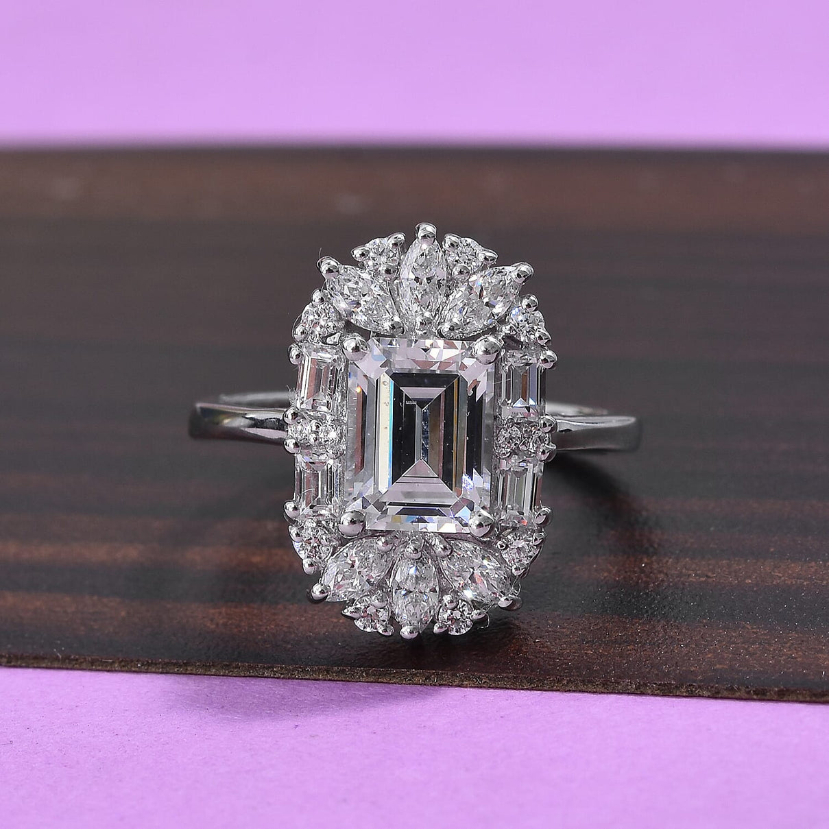 Lustro Stella Made with Finest CZ Halo Ring in Platinum Plated Sterling Silver 3560681 0