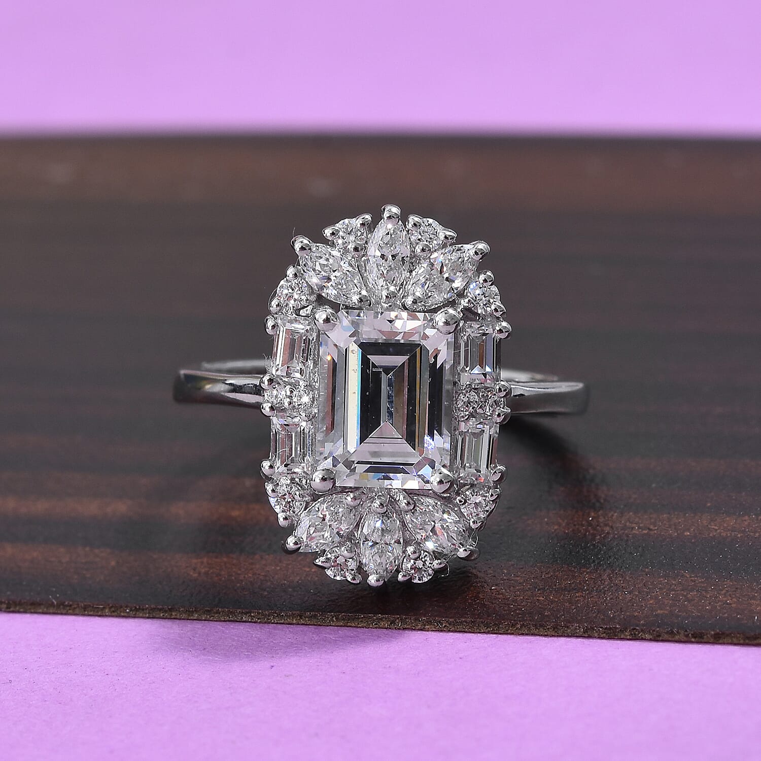 Lustro Stella Made with Finest CZ Halo Ring in Platinum Plated Sterling Silver 3560681 0