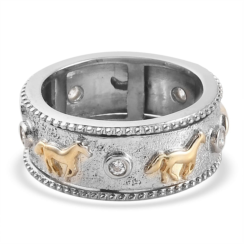Lustro Stella Platinum and Yellow Gold Overlay Sterling Silver Spinner  Ring Made with Finest CZ, Silver wt. 7.42 Gms