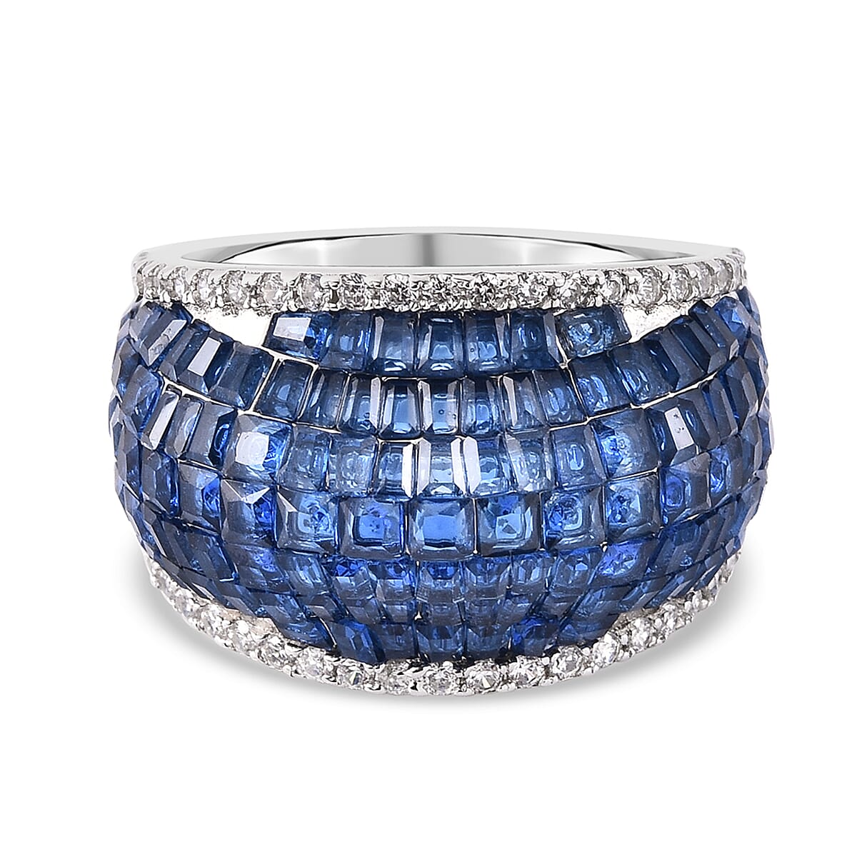 Lustro Stella Mystery Setting Simulated Blue Sapphire and Simulated Diamond Dome Ring in Platinum Plated Sterling Silver 3729900 0