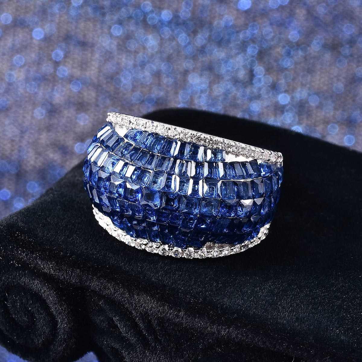 Lustro Stella Mystery Setting Simulated Blue Sapphire and Simulated Diamond Dome Ring in Platinum Plated Sterling Silver 3729900 1