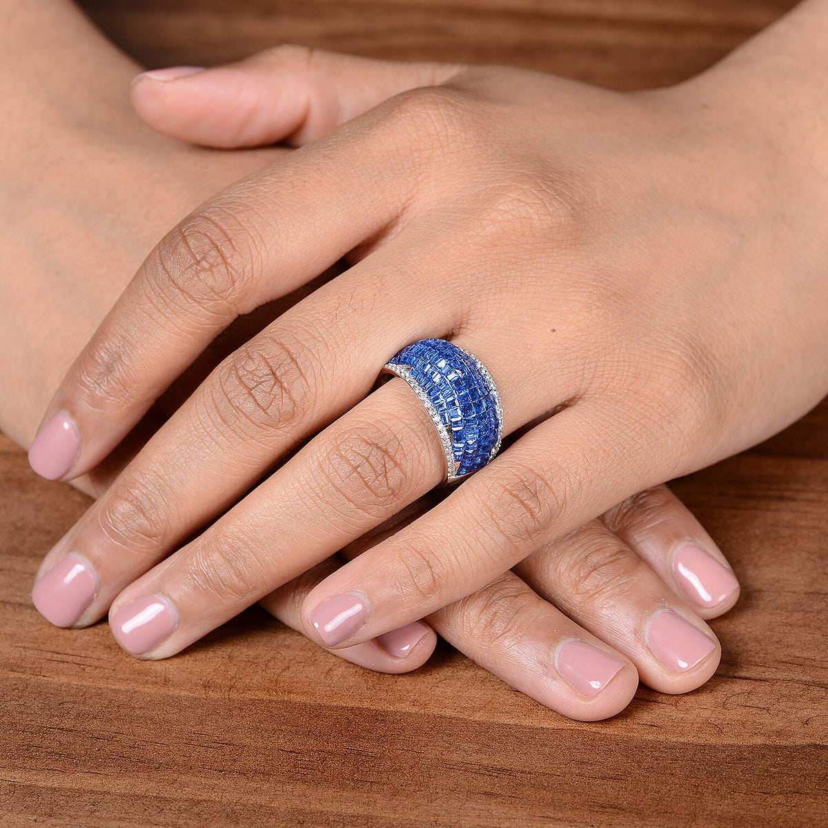 Lustro Stella Mystery Setting Simulated Blue Sapphire and Simulated Diamond Dome Ring in Platinum Plated Sterling Silver 3729900 2
