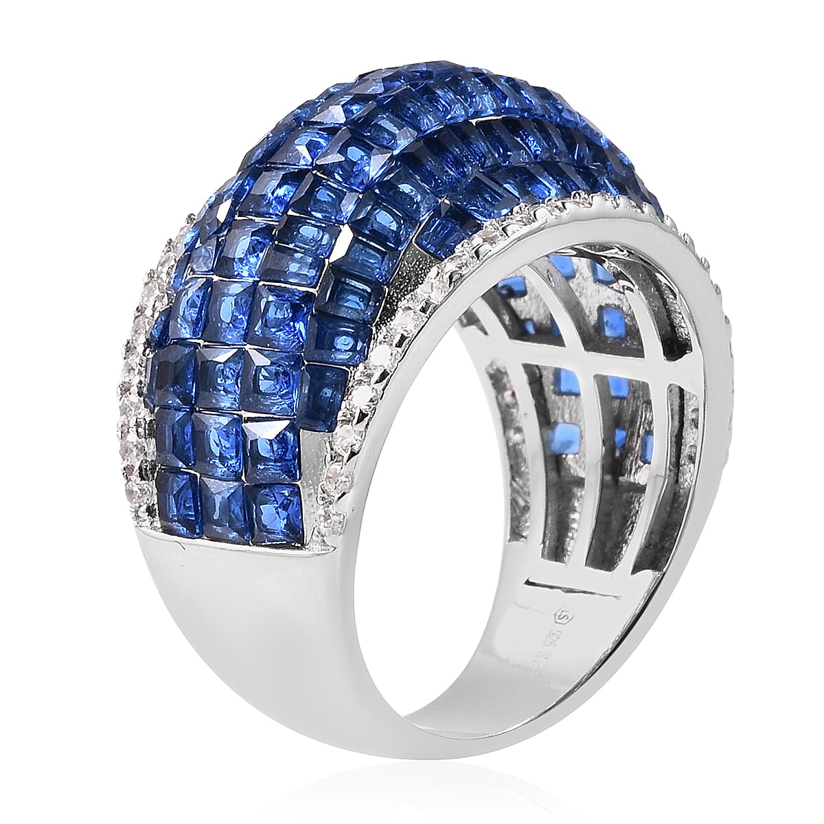 Lustro Stella Mystery Setting Simulated Blue Sapphire and Simulated Diamond Dome Ring in Platinum Plated Sterling Silver 3729900 3