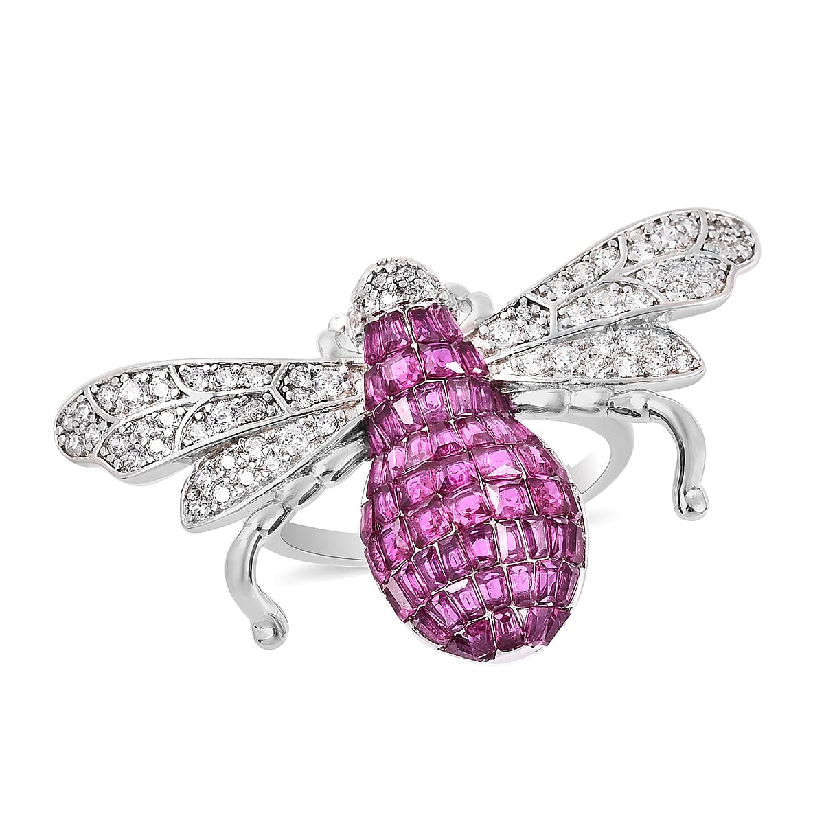 Lustro Stella Mystery Setting Simulated Ruby, Simulated Diamond and Simulated Emerald Bee Ring in Platinum Plated Sterling Silver 3730056 0