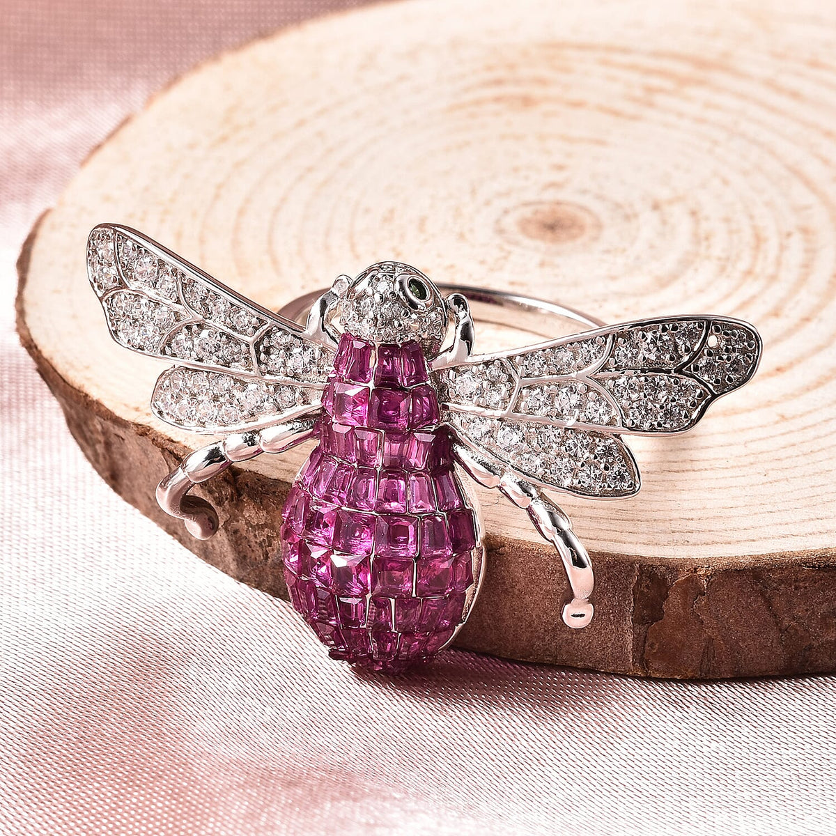 Lustro Stella Mystery Setting Simulated Ruby, Simulated Diamond and Simulated Emerald Bee Ring in Platinum Plated Sterling Silver 3730056 1