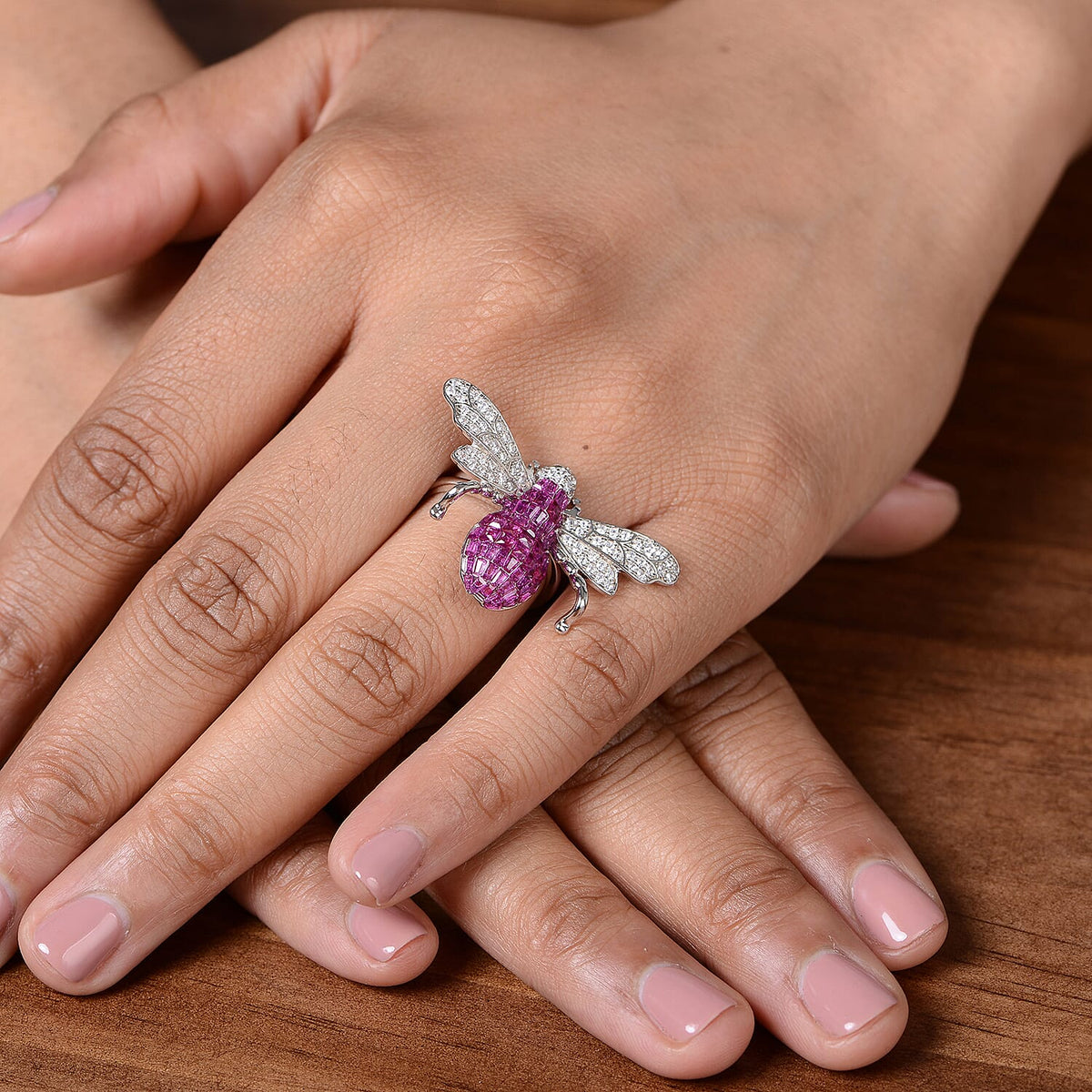 Lustro Stella Mystery Setting Simulated Ruby, Simulated Diamond and Simulated Emerald Bee Ring in Platinum Plated Sterling Silver 3730056 2