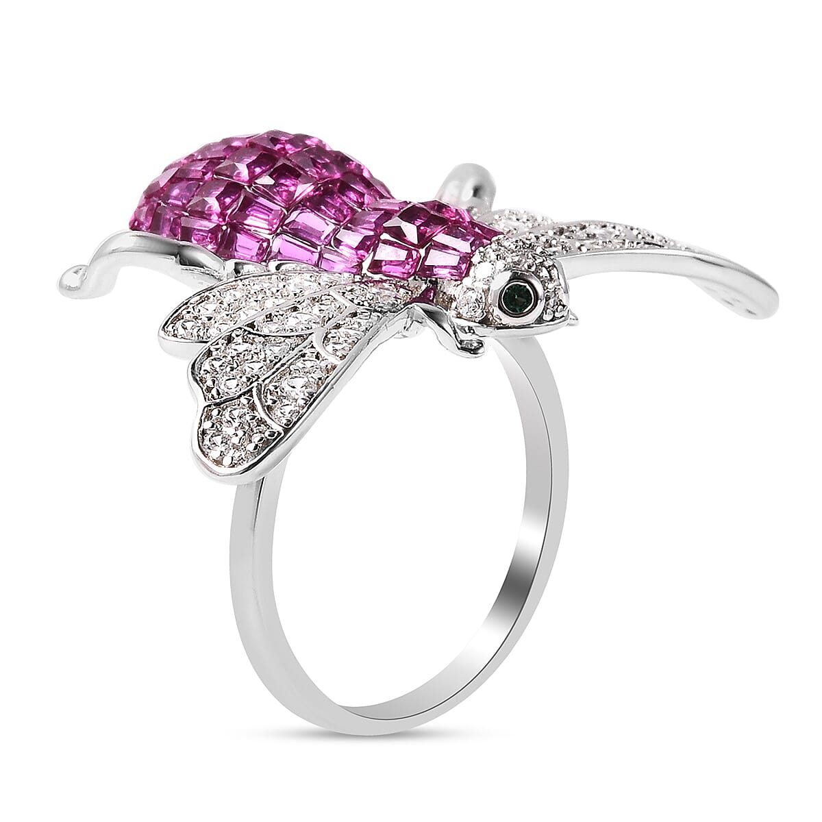 Lustro Stella Mystery Setting Simulated Ruby, Simulated Diamond and Simulated Emerald Bee Ring in Platinum Plated Sterling Silver 3730056 3