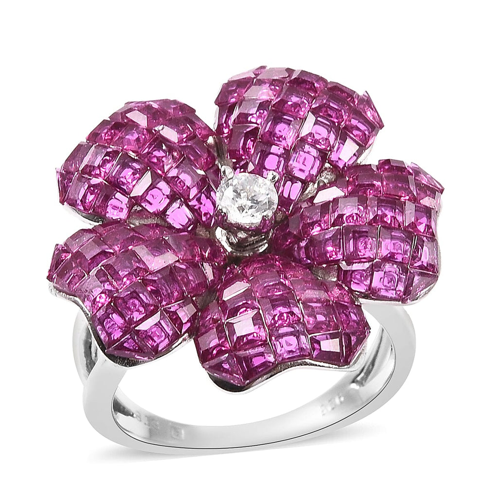 Lustro Stella Simulated Ruby and Simulated Diamond Floral Ring in Rhodium Overlay Sterling Silver