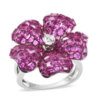 Lustro Stella Simulated Ruby and Simulated Diamond Floral Ring in Rhodium Overlay Sterling Silver