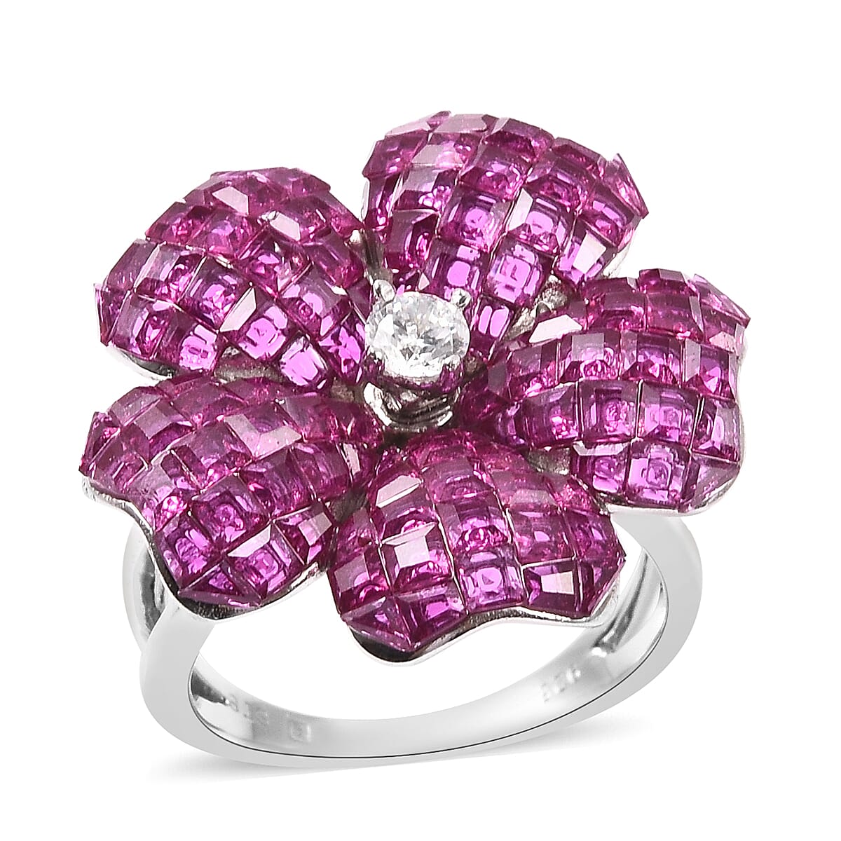 Lustro Stella Mystery Setting Simulated Ruby and Simulated Diamond Floral Ring in Rhodium Plated Sterling Silver 3626072 0