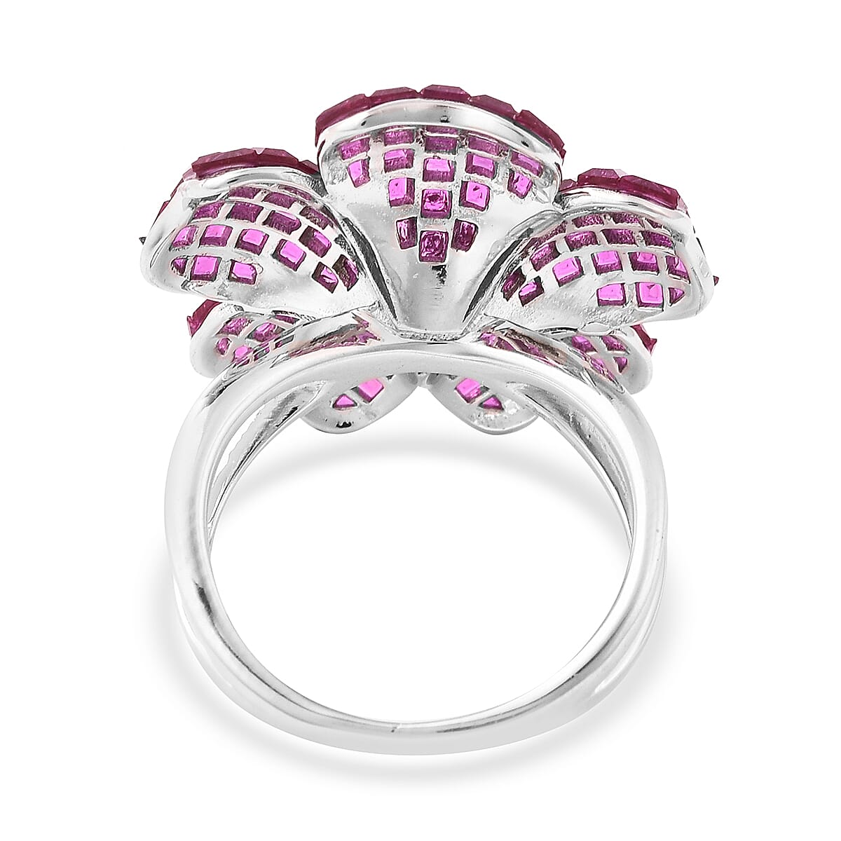 Lustro Stella Mystery Setting Simulated Ruby and Simulated Diamond Floral Ring in Rhodium Plated Sterling Silver 3626072 3