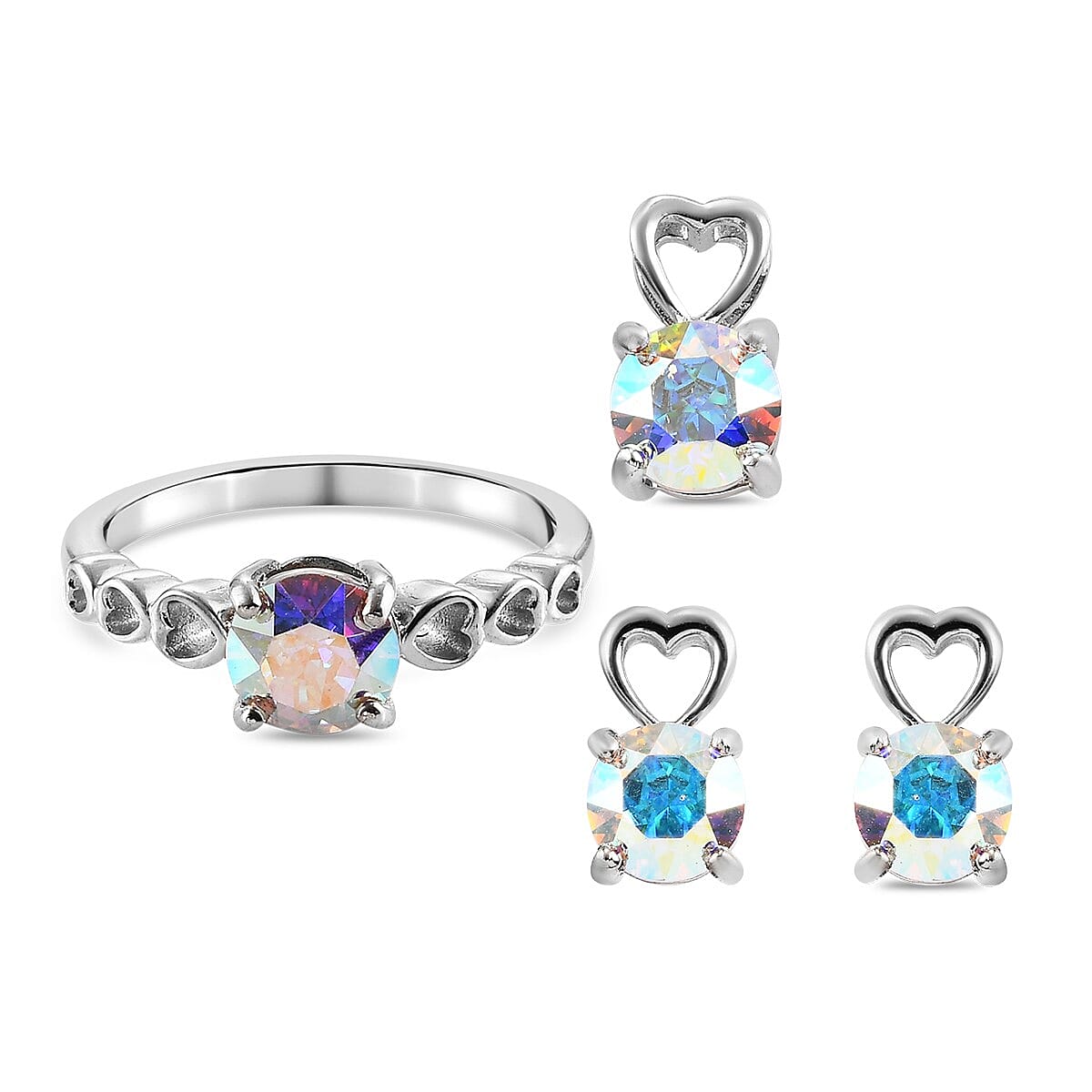 Lustro Stella 3 Piece Set - Crystal 2 Ct. AB colour Crystal and Heart Design Solitaire Ring, Pendant and Stud Earrings in Sterling Silver 3824707 0