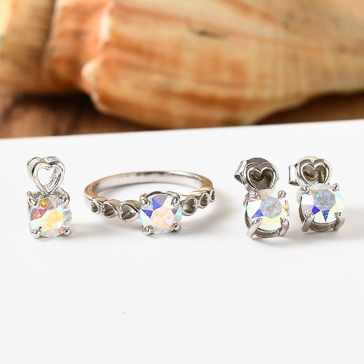 Lustro Stella 3 Piece Set - Crystal 2 Ct. AB colour Crystal and Heart Design Solitaire Ring, Pendant and Stud Earrings in Sterling Silver 3824707 1