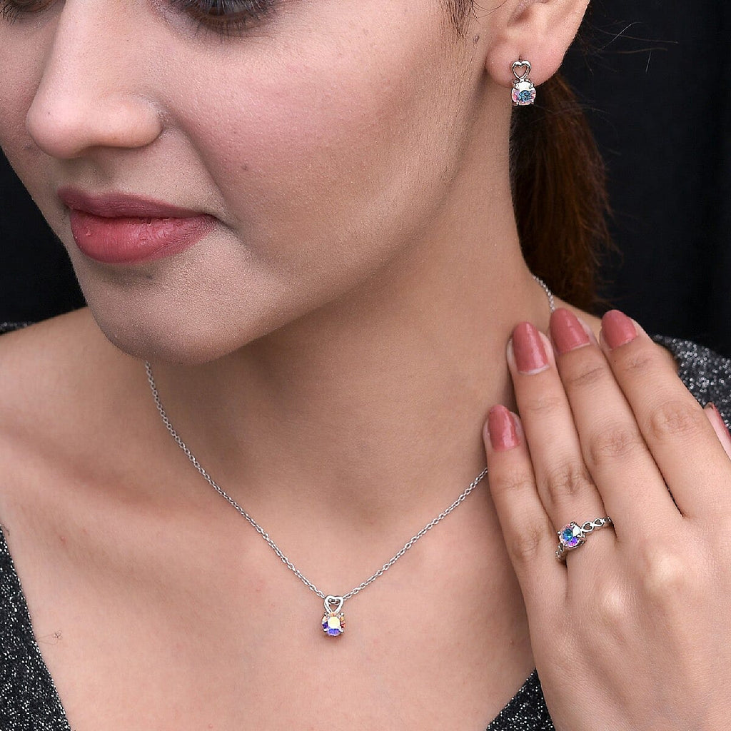 Lustro Stella 3 Piece Set - AB Colour Crystal Solitaire Ring, Pendant and Stud Earrings (with Push Back) in Sterling Silver