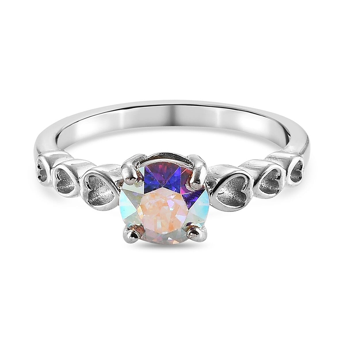 Lustro Stella 3 Piece Set - Crystal 2 Ct. AB colour Crystal and Heart Design Solitaire Ring, Pendant and Stud Earrings in Sterling Silver 3824707 3