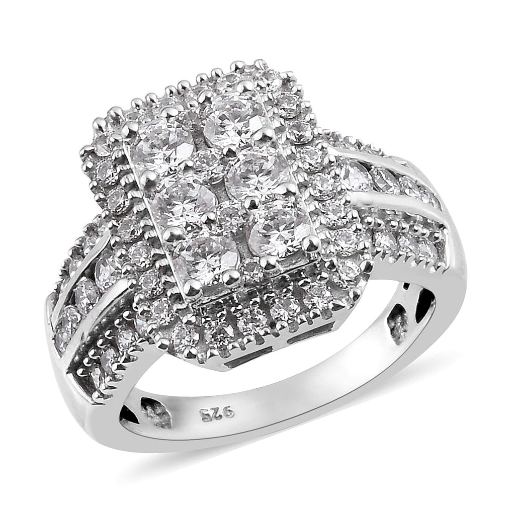 Lustro Stella Platinum Overlay Sterling Silver Cluster Ring Made with Finest CZ 3.41 Ct, Silver Wt. 5.92 Gms