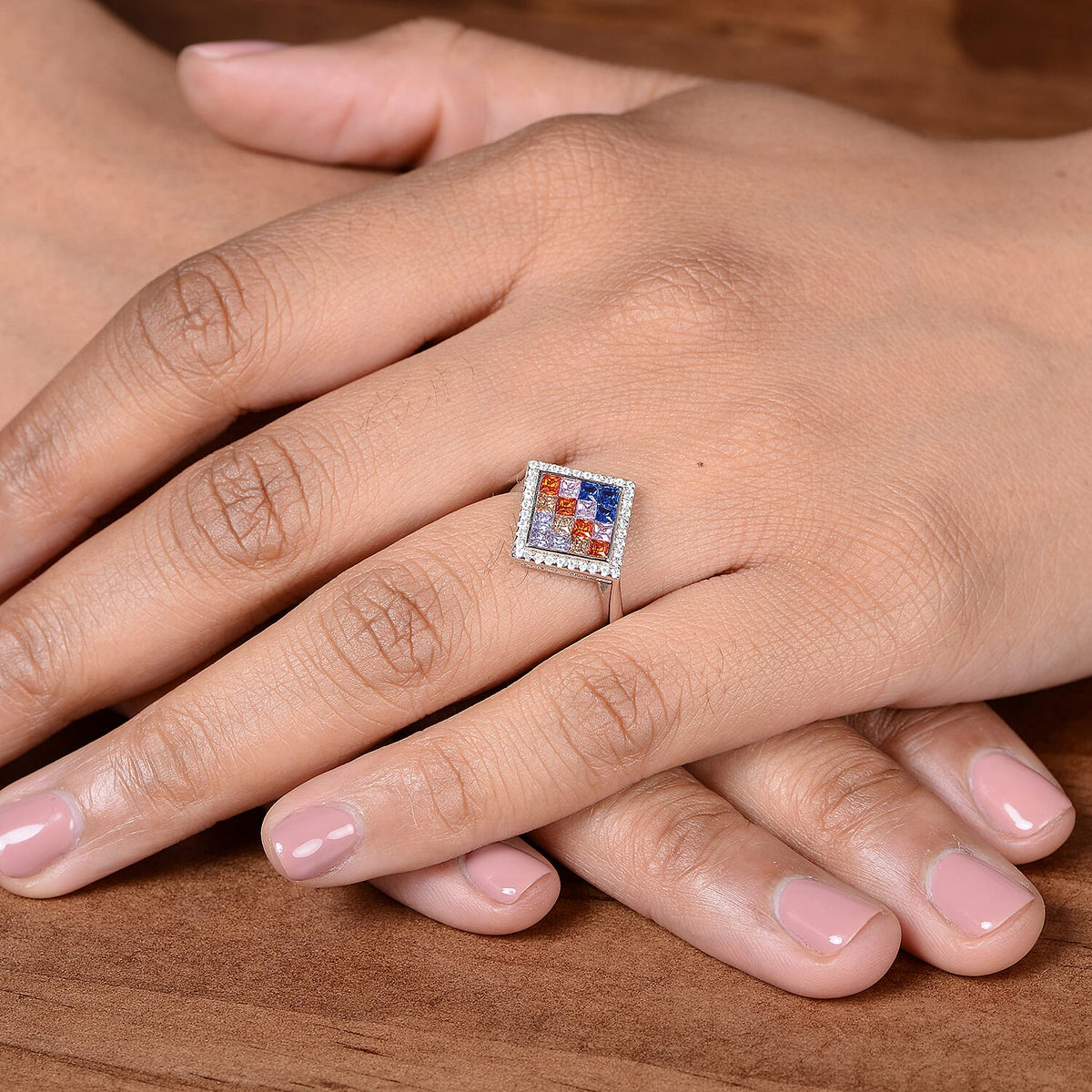Lustro Stella - Simulated Rainbow Sapphire Ring in Platinum Overlay Sterling Silver 3730365 2