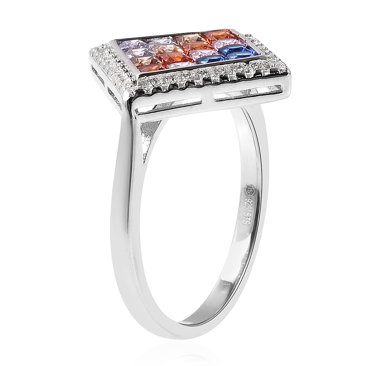 Lustro Stella - Simulated Rainbow Sapphire Ring in Platinum Overlay Sterling Silver 3730365 3