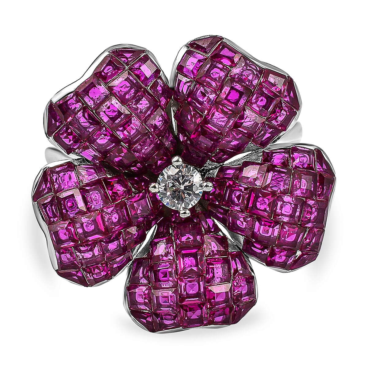 Lustro Stella Simulated Ruby and Simulated Diamond Floral Ring in Rhodium Overlay Sterling Silver 3626075 0