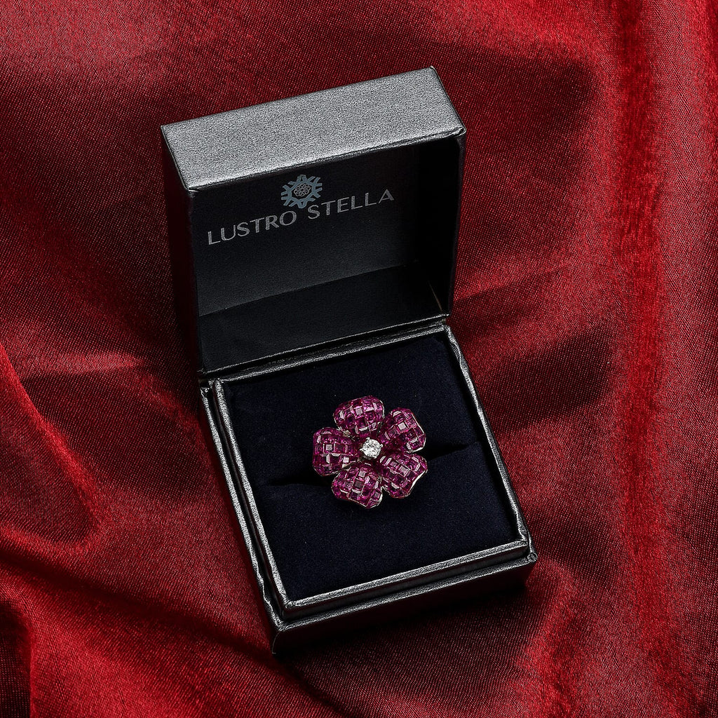 Lustro Stella Simulated Ruby and Simulated Diamond Floral Ring in Rhodium Overlay Sterling Silver