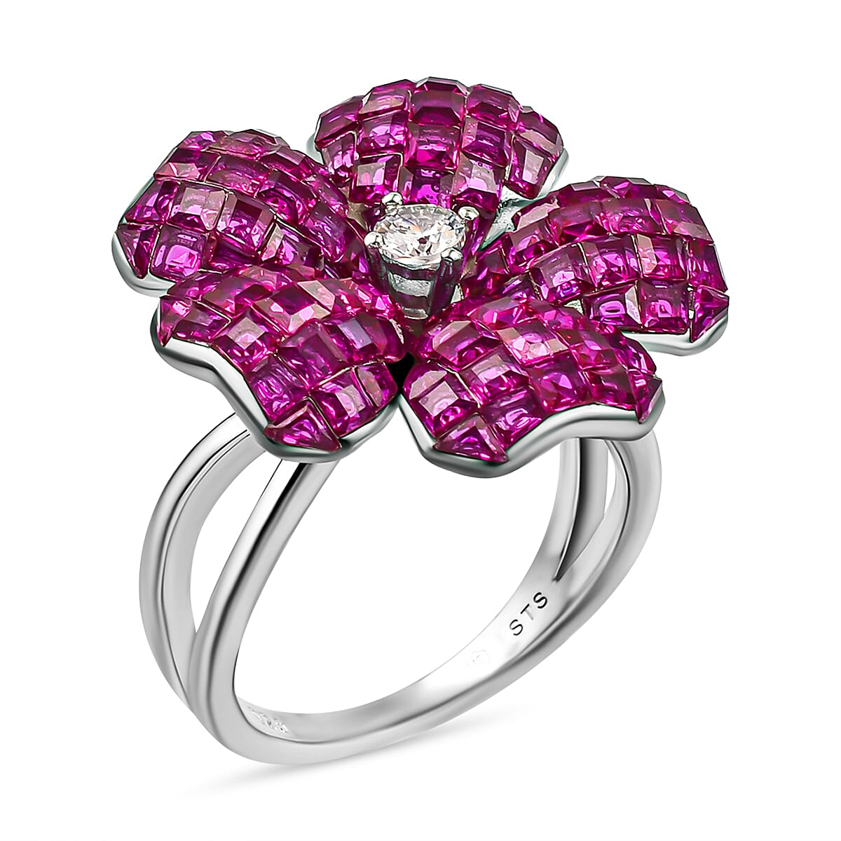 Lustro Stella Simulated Ruby and Simulated Diamond Floral Ring in Rhodium Overlay Sterling Silver 3626075 2