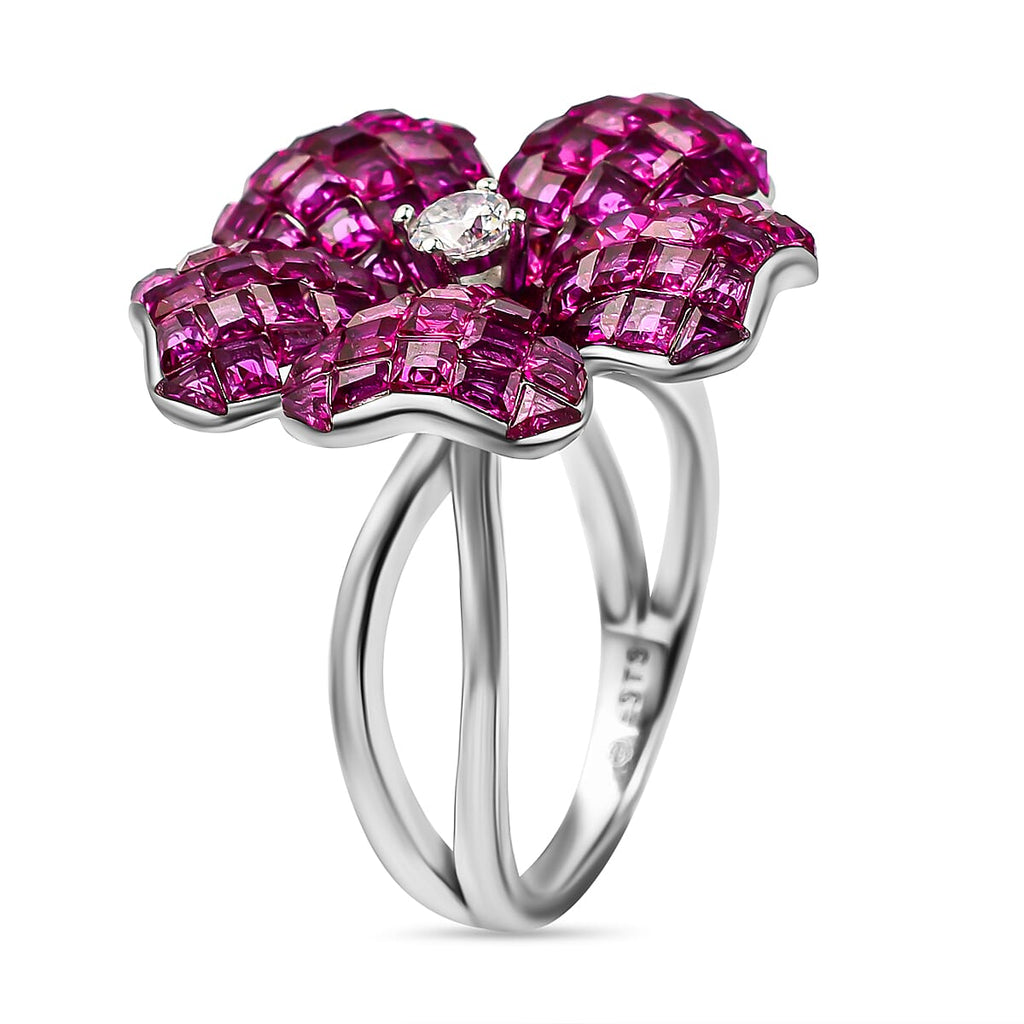 Lustro Stella Simulated Ruby and Simulated Diamond Floral Ring in Rhodium Overlay Sterling Silver