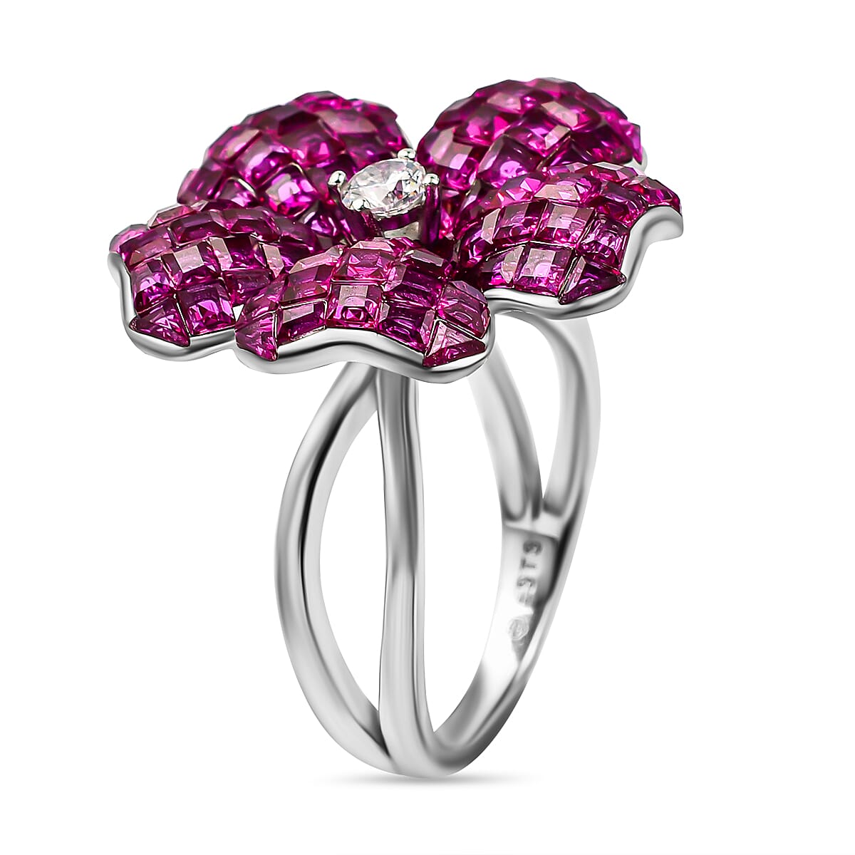 Lustro Stella Simulated Ruby and Simulated Diamond Floral Ring in Rhodium Overlay Sterling Silver 3626075 3