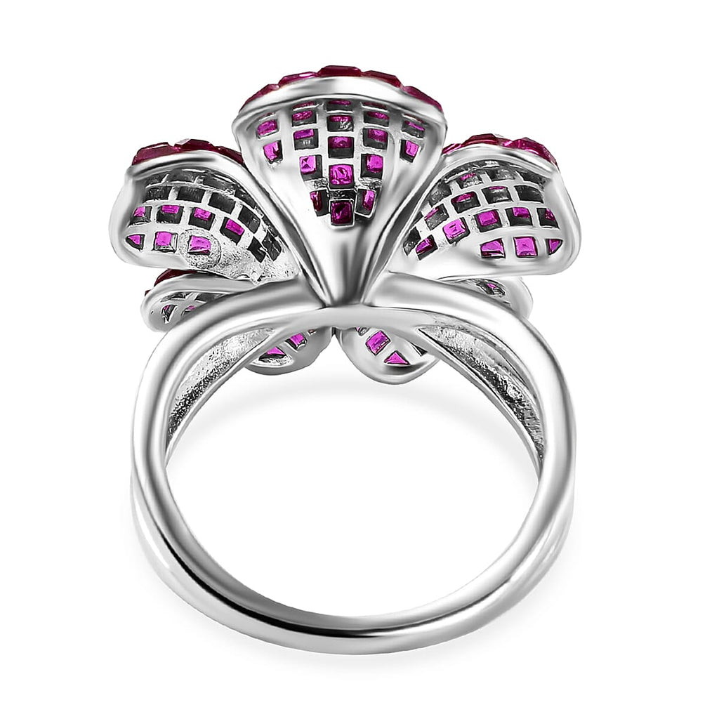 Lustro Stella Simulated Ruby and Simulated Diamond Floral Ring in Rhodium Overlay Sterling Silver