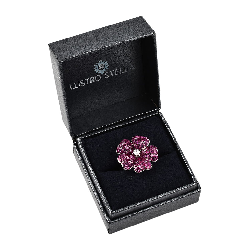 Lustro Stella Simulated Ruby and Simulated Diamond Floral Ring in Rhodium Overlay Sterling Silver