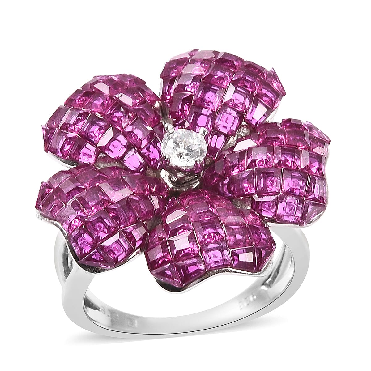 Lustro Stella Simulated Ruby and Simulated Diamond Floral Ring in Rhodium Overlay Sterling Silver 3626080 0