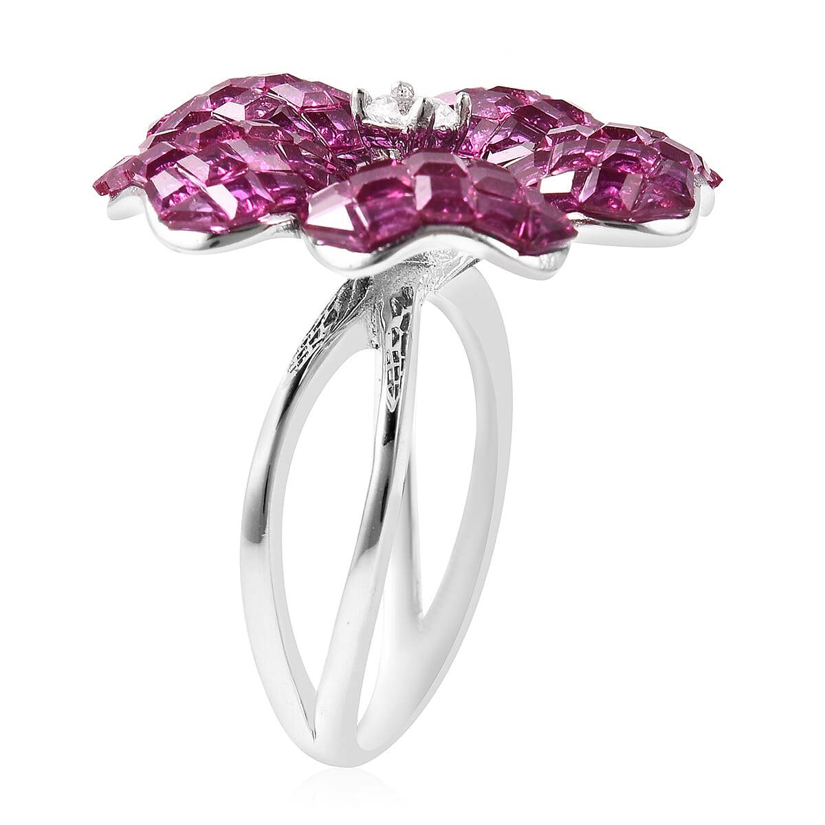 Lustro Stella Simulated Ruby and Simulated Diamond Floral Ring in Rhodium Overlay Sterling Silver 3626080 2