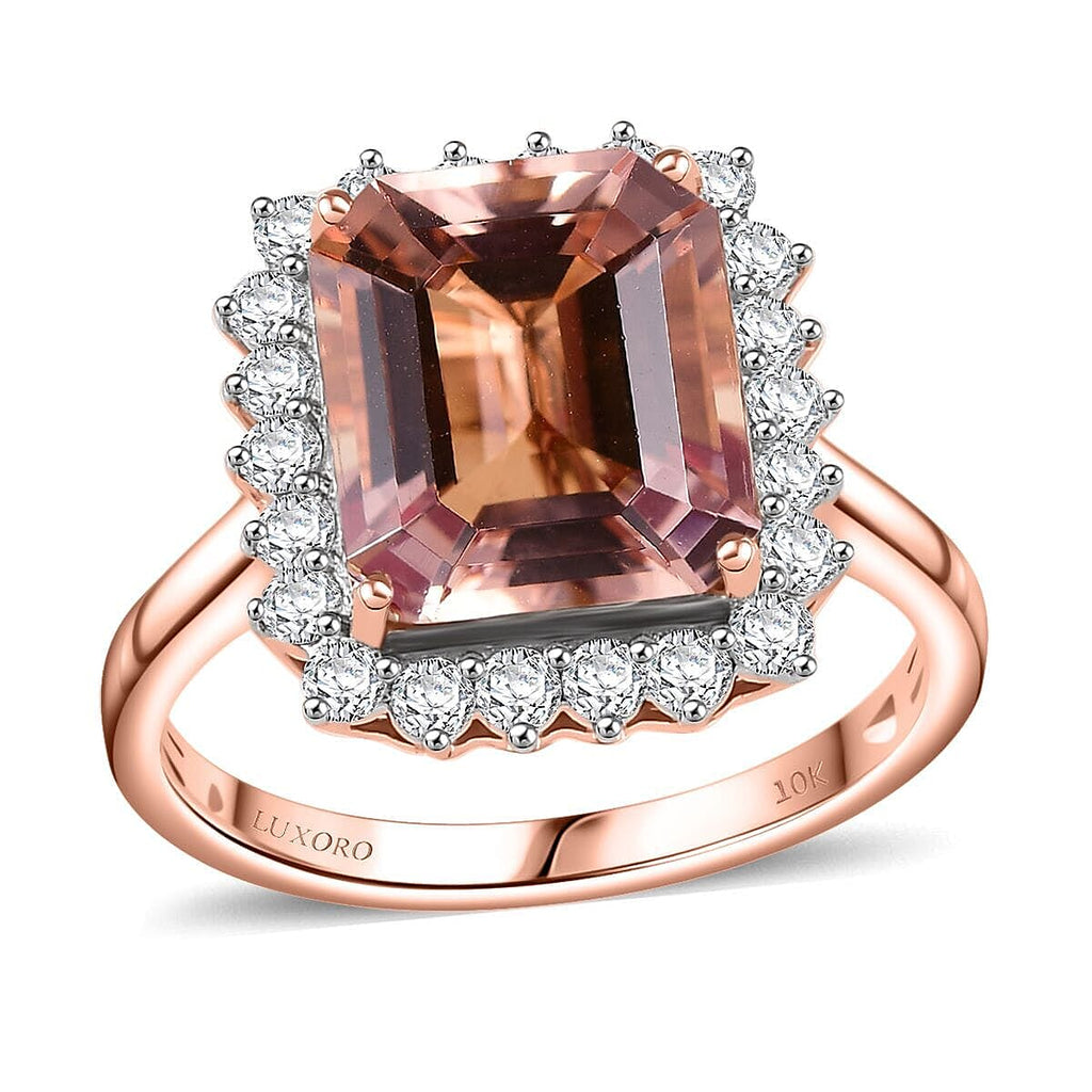 Luxoro 10K Rose Gold AAA Morganite, White Diamond I2 Main Stone With Side Stone Ring, Gold Wt.3.53 Gms  6.402  Ct.