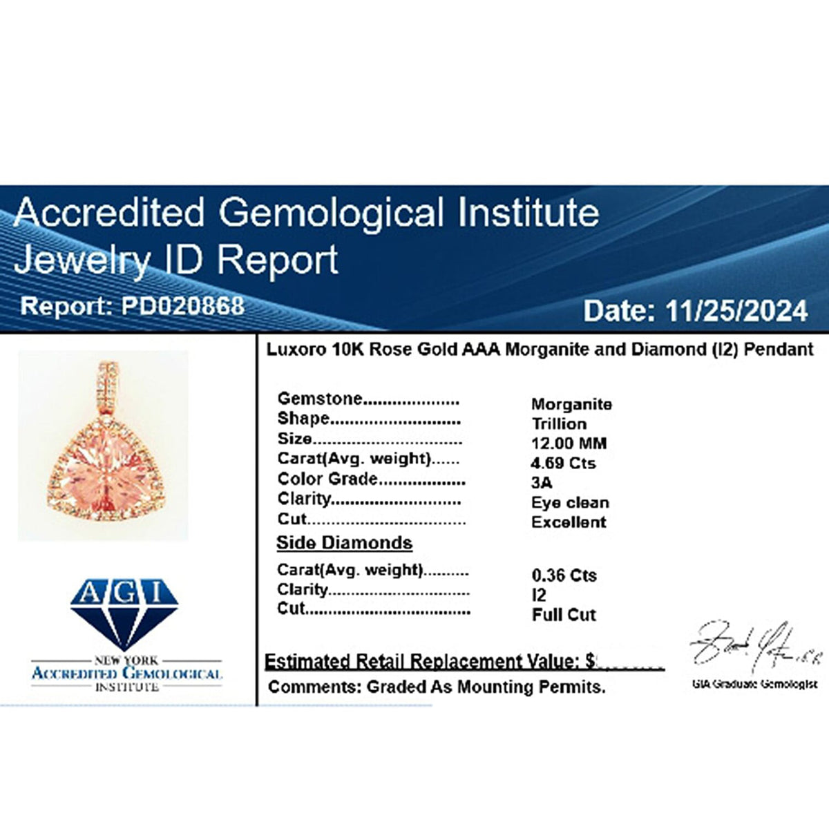 Luxoro  10K Rose Gold  AAA   Morganite ,  White Diamond  I2 Pendant 5.05 ct,  Gold Wt. 2.6 Gms  5.050  Ct. 8016964 5