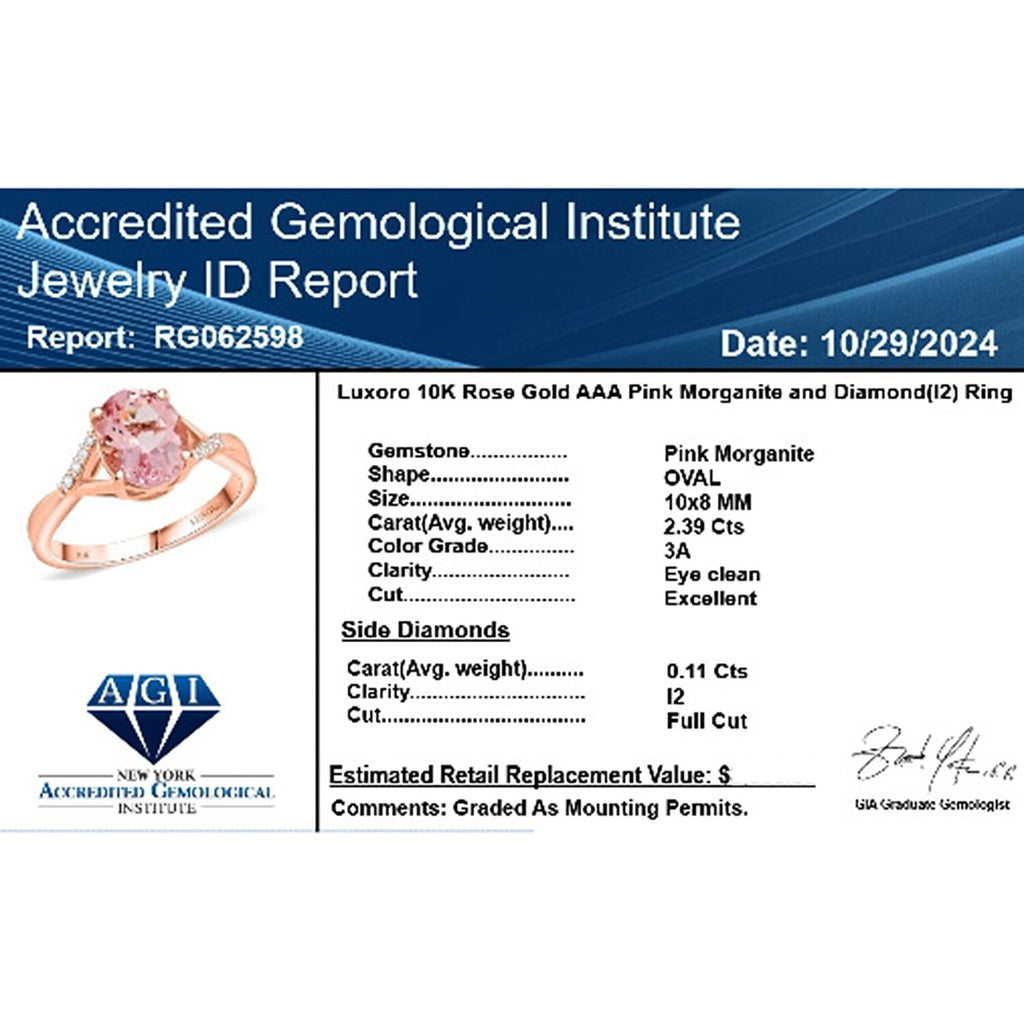 Luxoro 9K Rose Gold AGI Certifed AAA Pink Morganite & White Diamond Ring 2.50 Ct, Gold Wt. 3.67 Gms