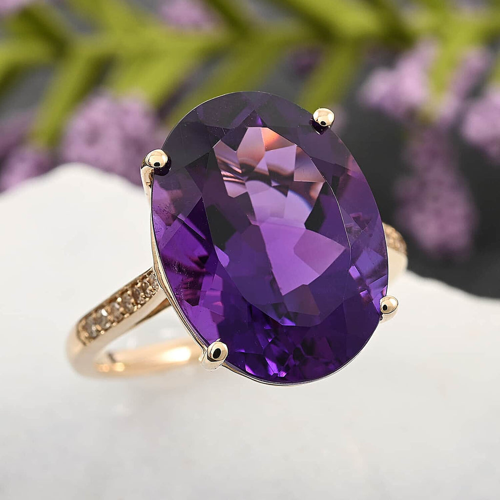 Luxoro  10K Yellow Gold  AAA   Lusaka Amethyst ,  White Diamond  I2 Ring 9.15 ct,  Gold Wt. 2.9 Gms  9.150  Ct.