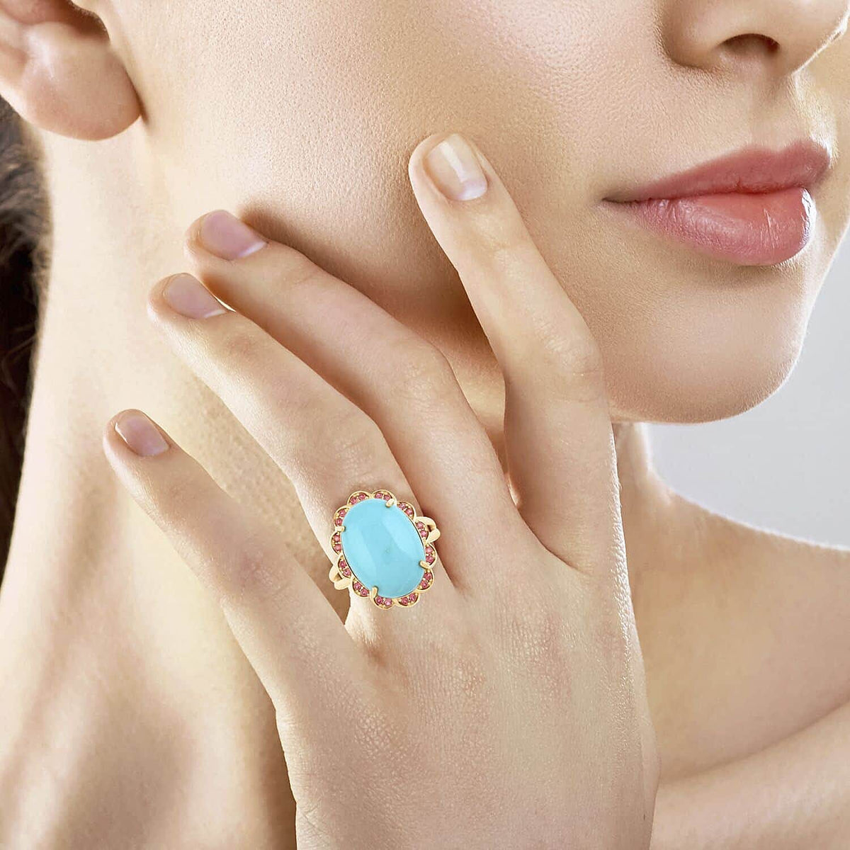 Certified &amp; Appraised LUXURO10K Yellow Gold AAA Sleeping Beauty Turquoise, White Diamond Halo Ring 9.75 Cts. 7981845 2