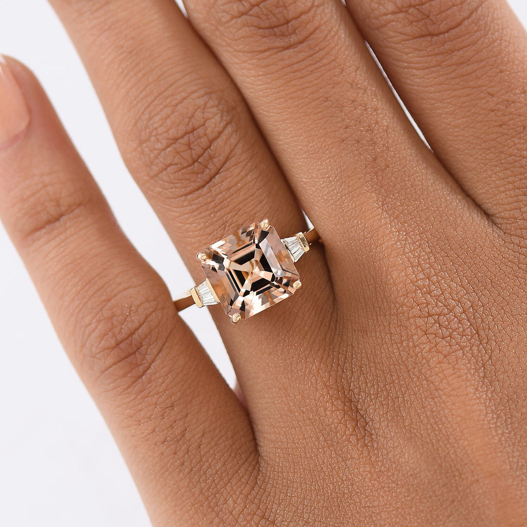 Luxoro 14K Yellow Gold AAA Asscher Cut Marropino Morganite & Natural Diamond Ring 4.82 Ct.