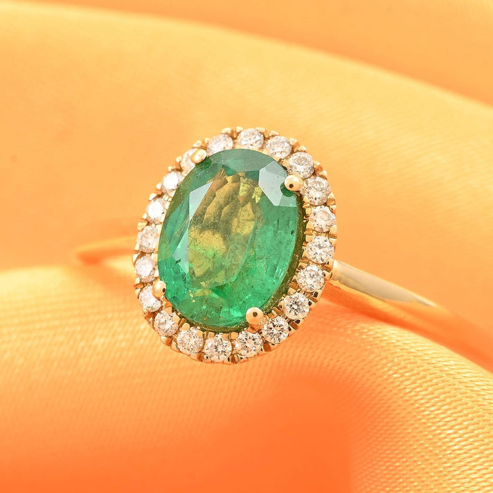 Certified &amp; Appraised LUXORO 14K Yellow Gold AAA Zambian Emerald, White Diamond Halo Ring 1.4 Ct. 8215091 2