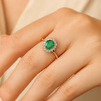 Luxoro 14K Yellow Gold AGI Certified AAA Zambian Emerald & White Diamond Halo Ring 2.18 Ct, Gold Wt. 3.90 Gms