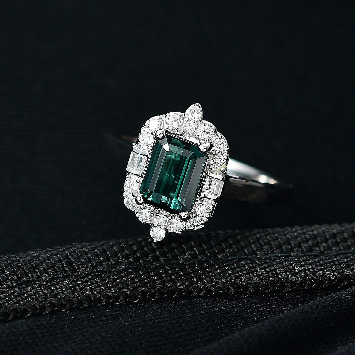 Luxoro AGI Certified &amp; Appraised 10K White Gold AAA Lagoon Tourmaline &amp; Natural White Diamond Halo Ring 1.77 Ct. V32516013 2