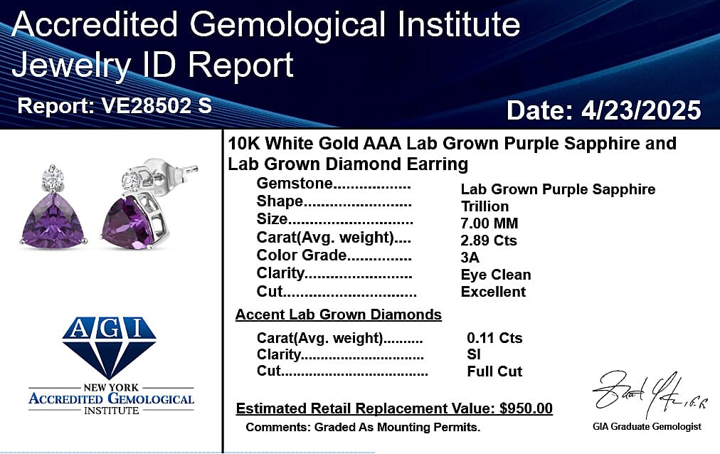 Certified &amp; Appraised LUXURIANT AAA Lab Grown Purple Sapphire, Lab Grown Diamond Solitaire Earring in 10K White Gold, (GH, SI) 3.02 Ct. 8114807 5