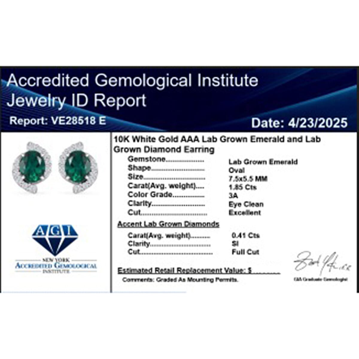 Appraised &amp; Certified LUXURIANT 10K White Gold AAA Lab Grown Emerald, Lab Grown Diamond GH, SI Solitaire Stud Push Post Earring, 2.25 Ct. 8115001 6