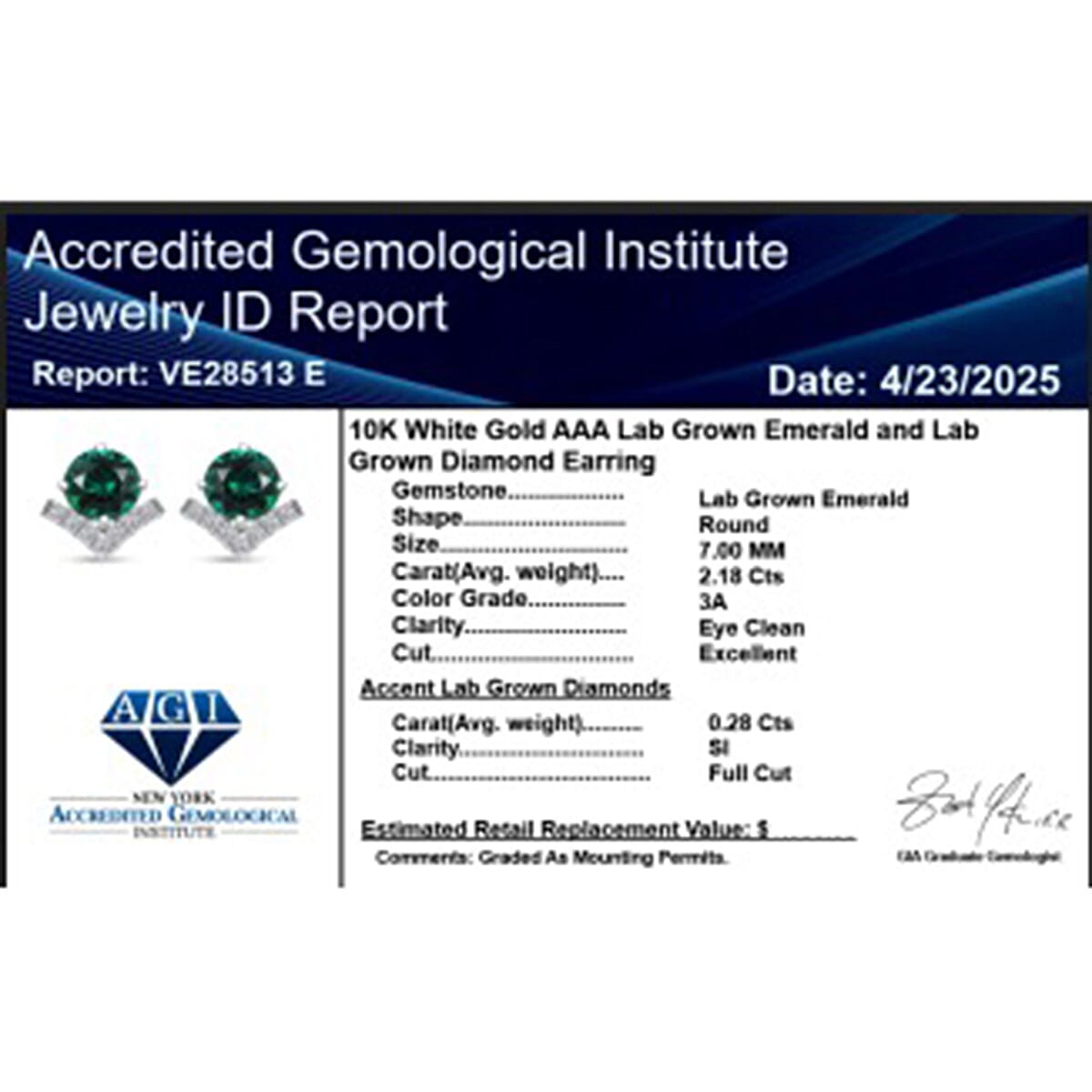 Appraised &amp; Certified LUXURIANT 10K White Gold AAA Lab Grown Emerald, Lab Grown Diamond GH, SI Solitaire Stud Push Post Earring, 2.50 Ct. 8155624 7
