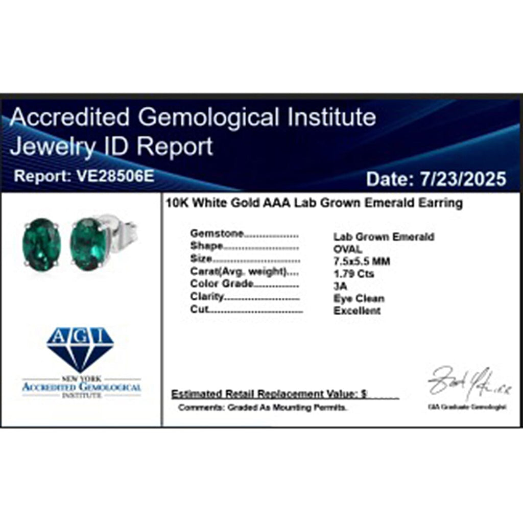 Luxuriant 9K White Gold AAA Lab Grown Emerald AGI Certified Solitaire Stud Push Post Earring 1.79 Ct.