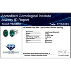 Luxuriant 9K White Gold AAA Lab Grown Emerald AGI Certified Solitaire Stud Push Post Earring 1.79 Ct.